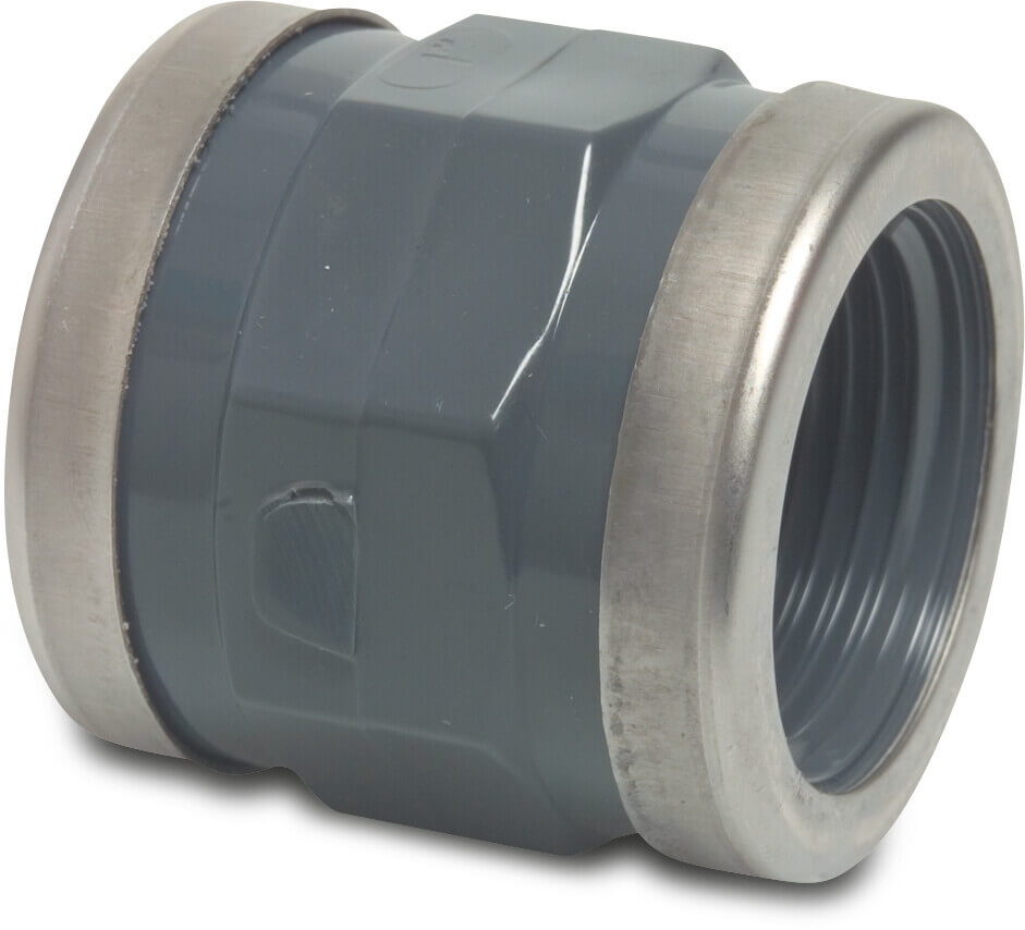Profec Draadsok PVC-U 1" binnendraad 16bar grijs met RVS ring type versterkt